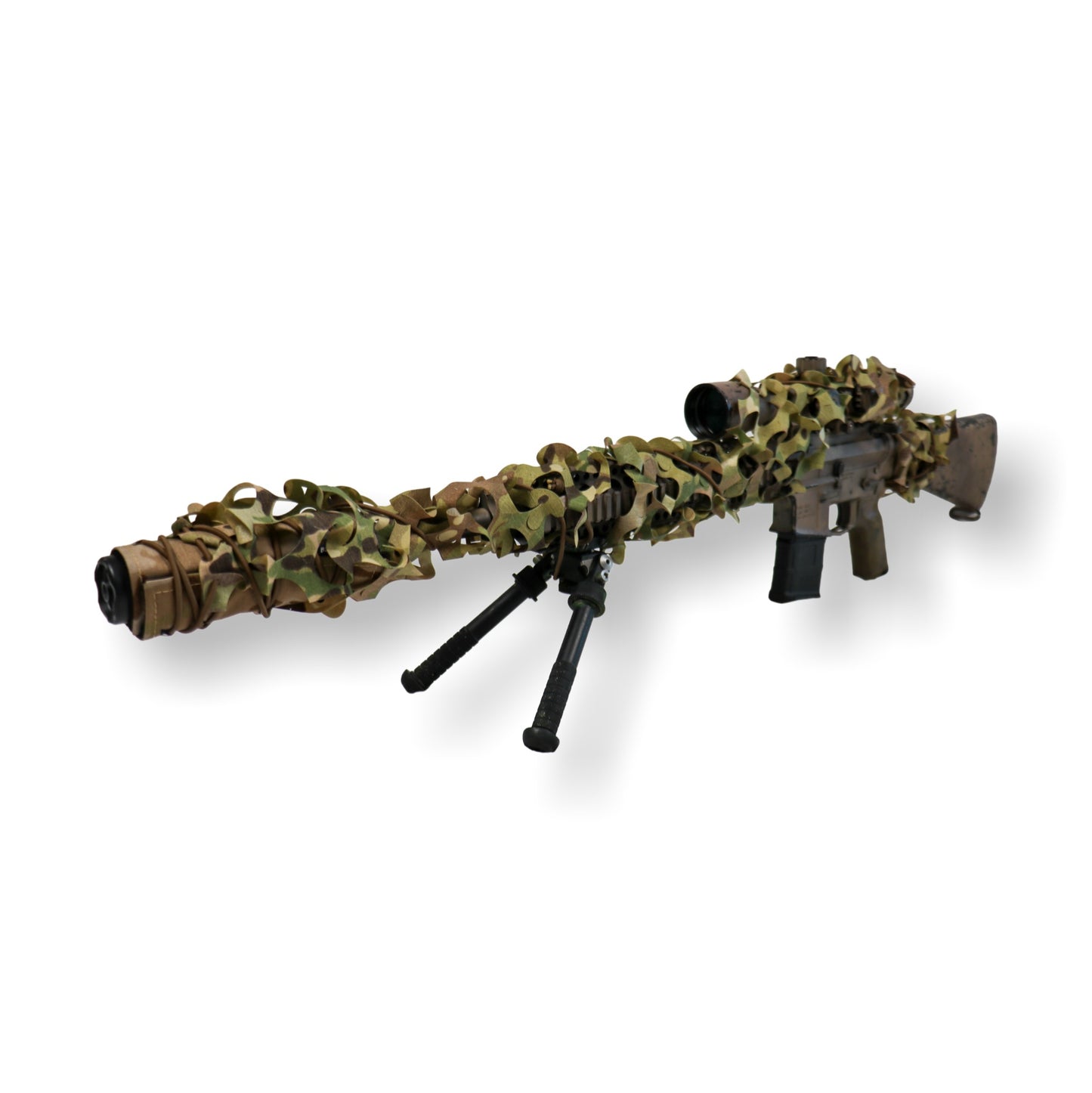 Camouflage-patterned rifle with bipod